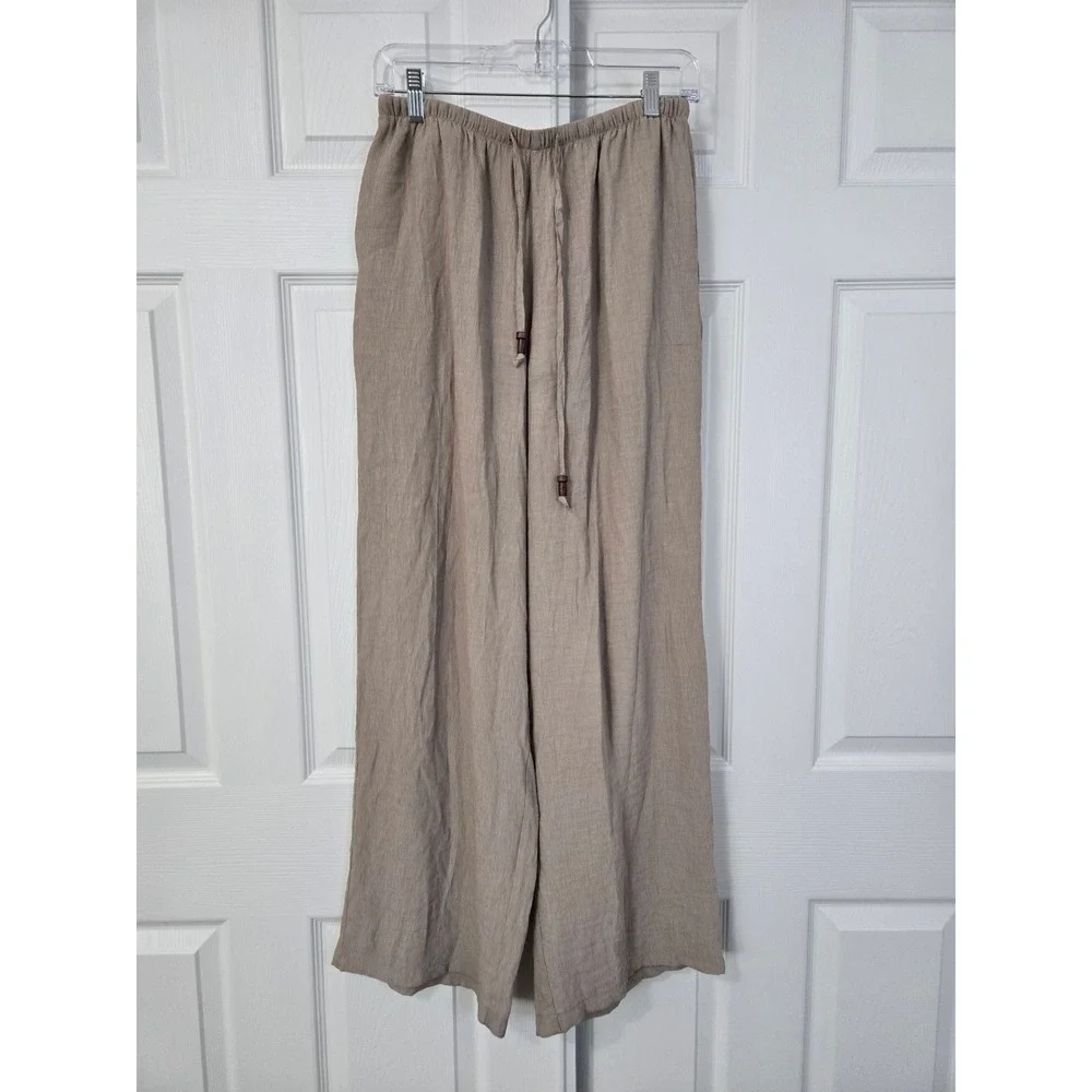 Zara Tan Beige Textured Pull on Wide Leg Drawstring Pants Relaxed Boho Beach